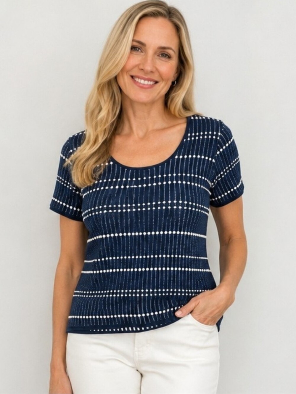 ❤️ NWOT! ELIE TAHARI KNIT SCOOP NECK SWEATER TOP, NAVY BLUE, WHITE, LARGE